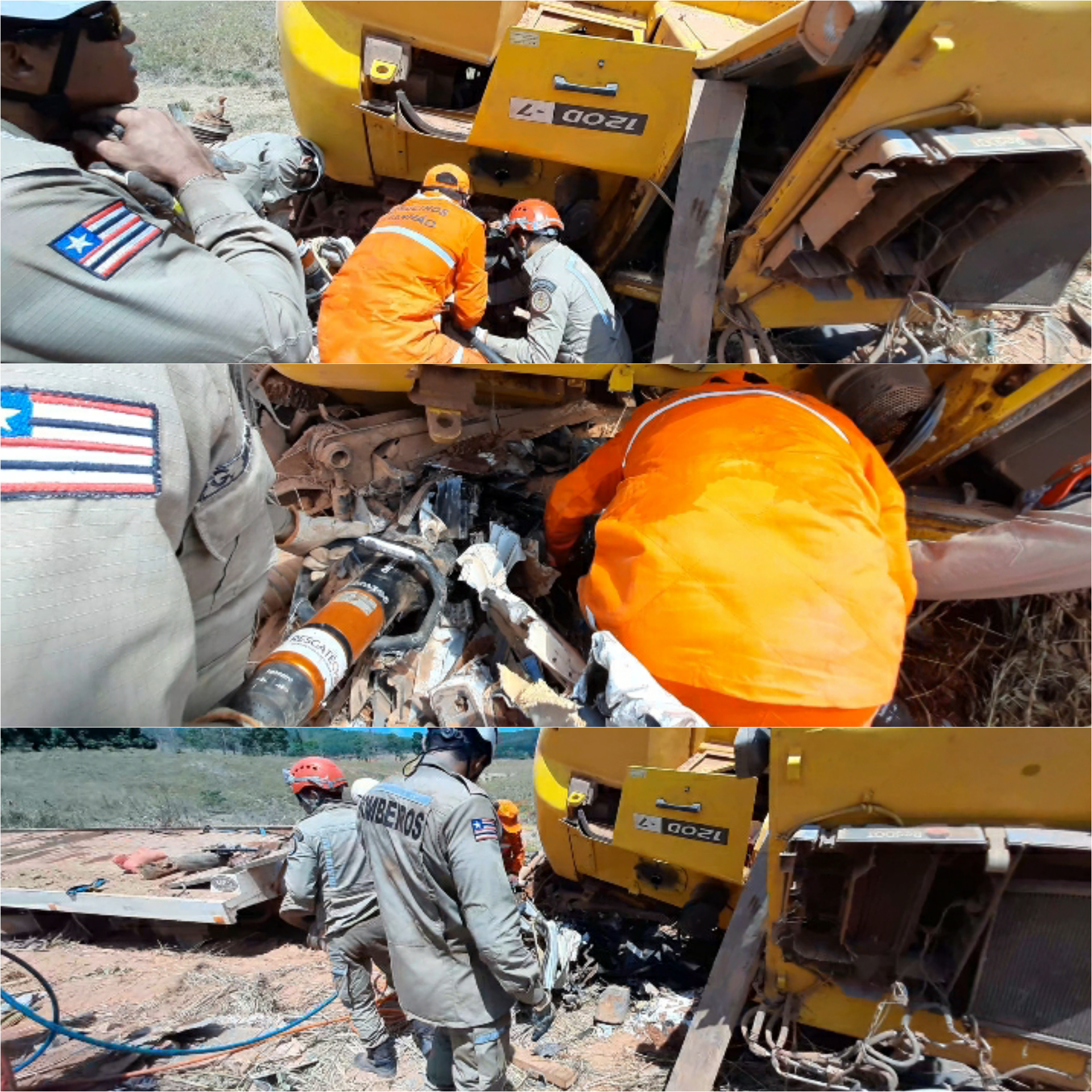 Bombeiros de Açailândia cortando as ferragens. Corpo do motorista estava preso as ferragens