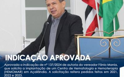 CÂMARA DE AÇAILÂNDIA APROVOU A INDICAÇÃO DE Nº 137/2024 DE AUTORIA DO VEREADOR FÂNIO MANIA